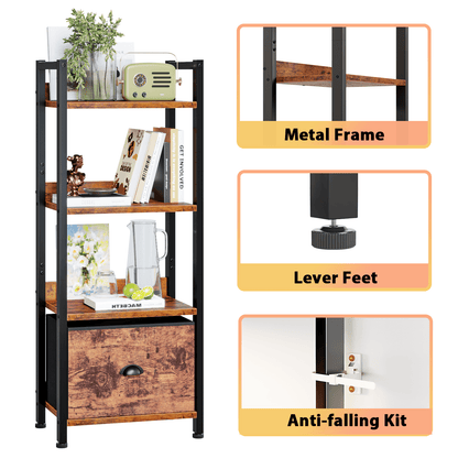Satifur 4 Tier Ladder Bookcase with Removable Drawer Tall Standing Bookshelf,Rustic Brown