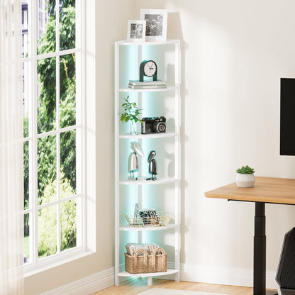 Satifur Corner Shelf Bookcase with LED Light Strip, 6-Tier Corner Bookshelf for Living Room,Bedroom,White