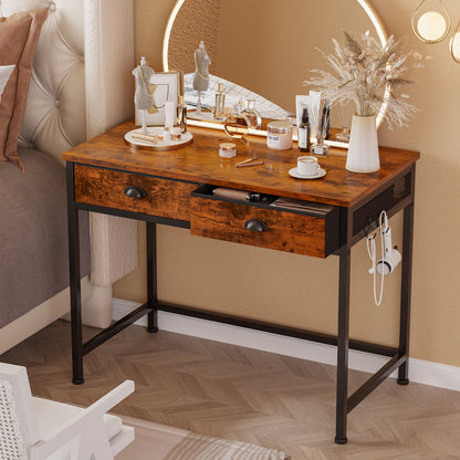 Furologee Computer Desk Home Office Writing Desk with 2 Fabric Drawers, Rustic Brown