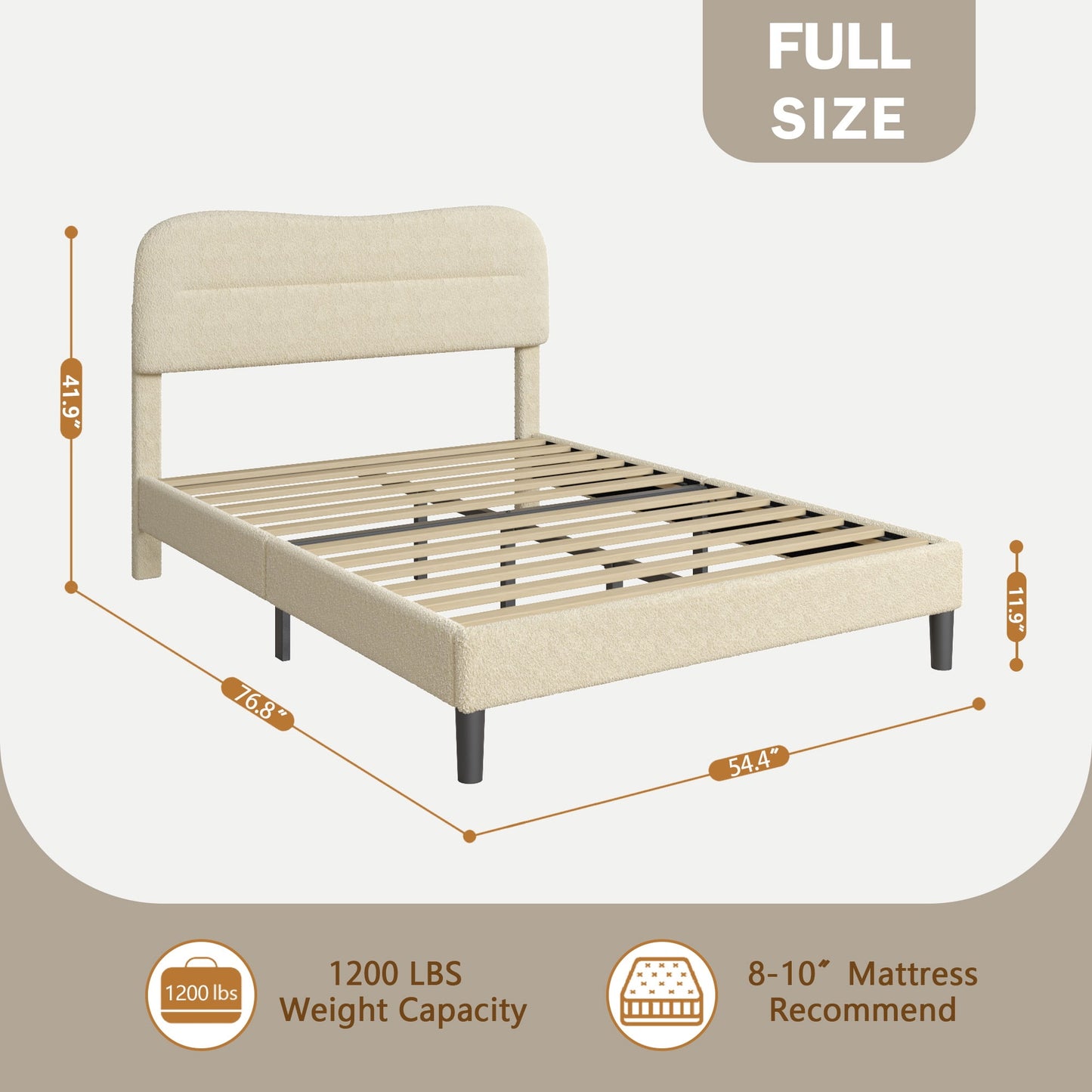 Tydimor Full Bed Frame with Teddy Velvet Soft Curved Headboard, Platform Bed with Wooden Slats Support, Easy Assembly, Noise-Free, Beige