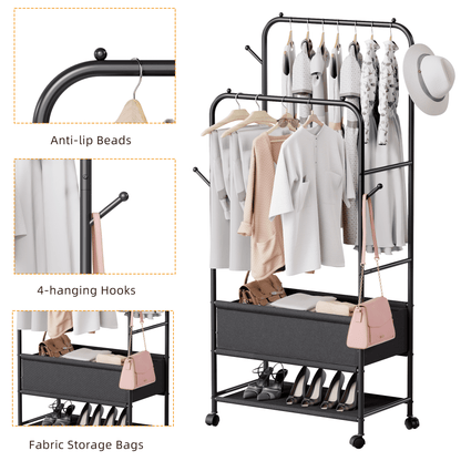 Satifur Double Rail Clothes Rack on Wheels, Heavy Duty Clothes Hanging Rack, Free Standing Garment Rack with Clothes Storage Bag, Black