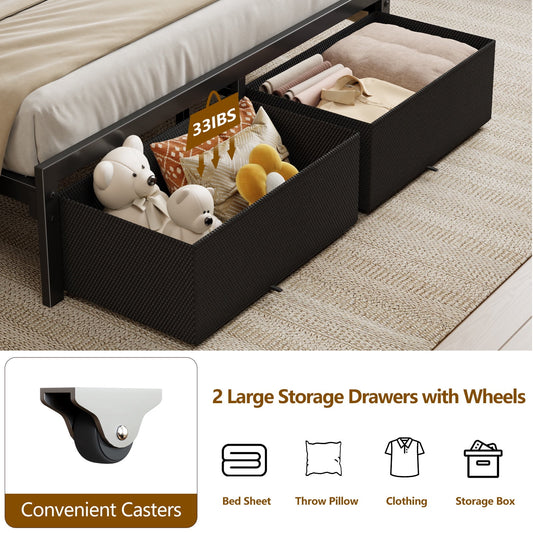 Tydimor Twin Bed Frame with 2 Drawers & Storage Headboard, Platform Metal Bed with Charging Station, No Box Spring Needed