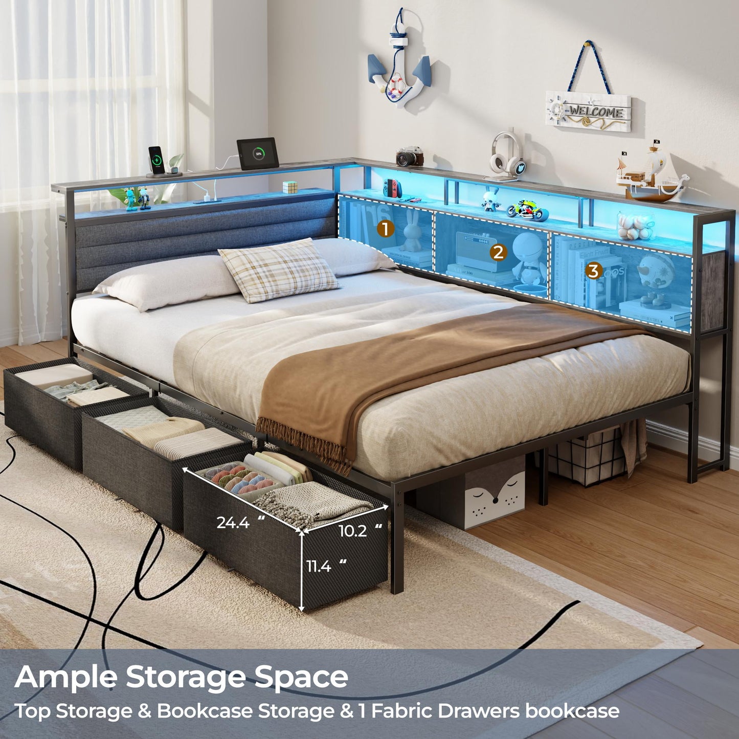 Tydimor L-Shaped Corner Bed Frame with 3 Storage Drawers, 3 Cubbies & Double-Layer Shelf, LED Lights & Power Outlet, Corner Full Beds for Living Room, Bedroom and Guest, Grey Oak