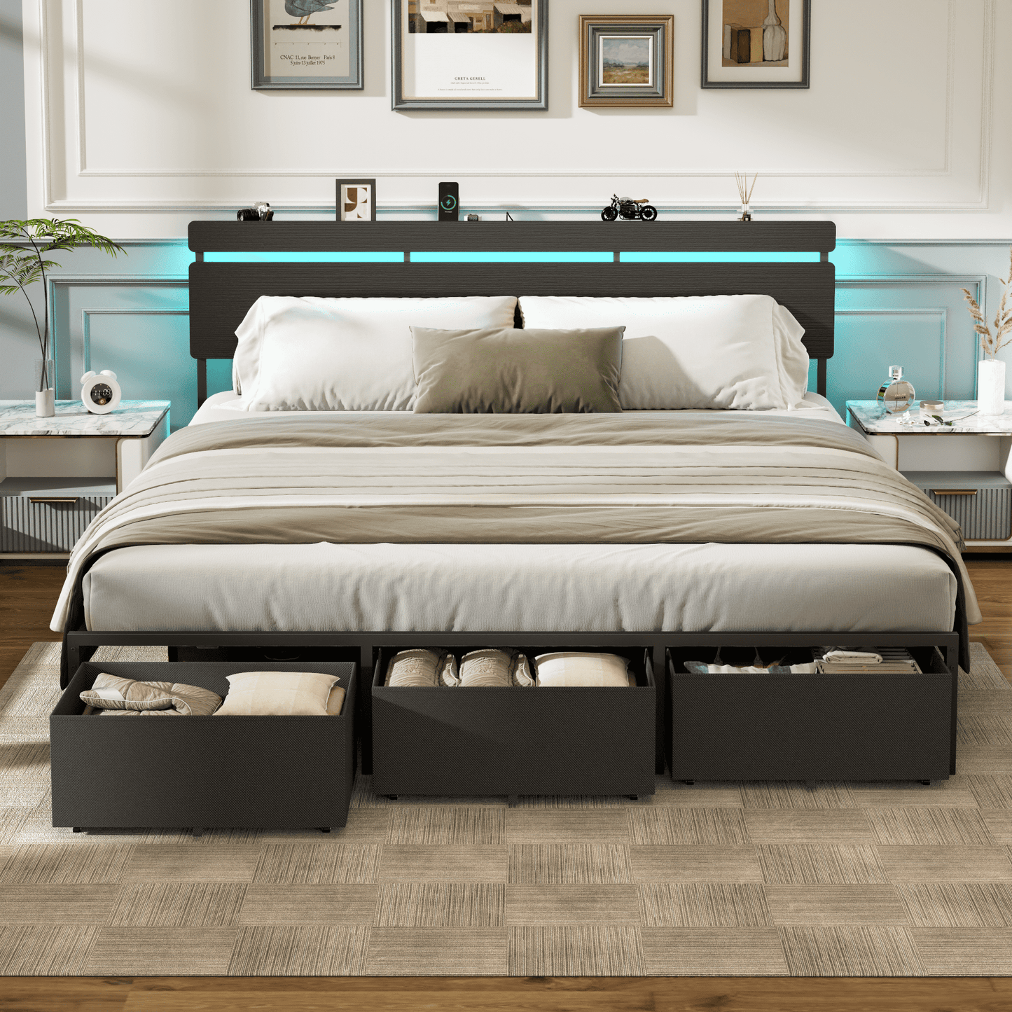 Satifur King Size Bed Frame with 3 Drawers & LED Lights & Charging Station, Beds with Headboard & 10.10" Under Bed Storage, No Box Spring Needed, Easy Assembly, Black