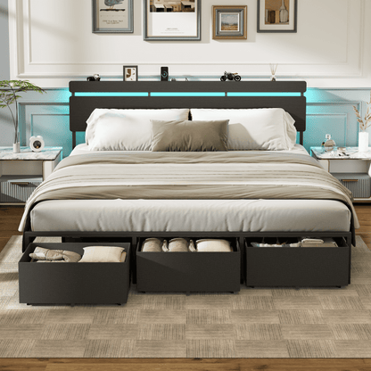 Satifur King Size Bed Frame with 3 Drawers & LED Lights & Charging Station, Beds with Headboard & 10.10" Under Bed Storage, No Box Spring Needed, Easy Assembly, Black