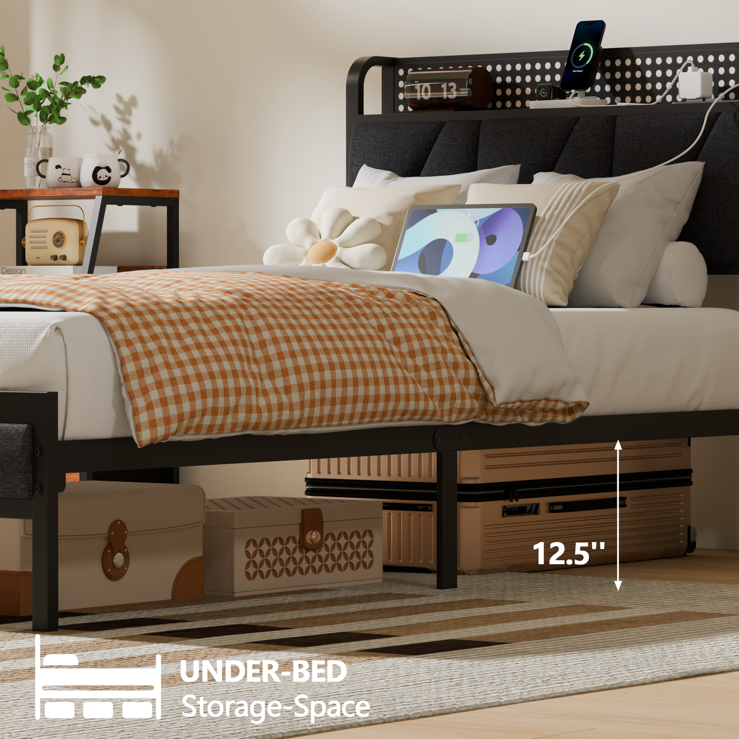 Tydimor Twin Size Metal Smart Bed Frames with Upholstered Headboard, LED Lights, USB Ports and Outlets, Storage Shelves & Underbed