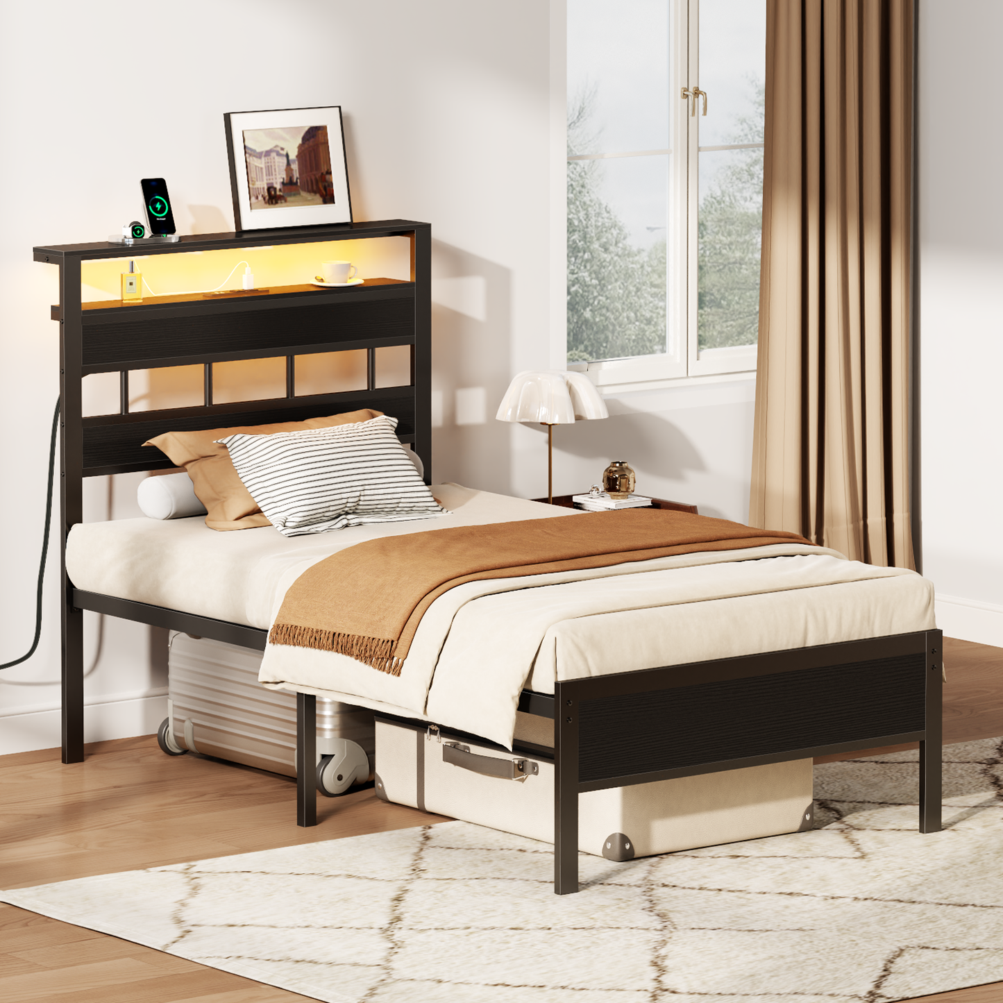 Satifur Twin Size Bed Frame with Storage Headboard and LED Light, Platform Bed with Metal Slats, Noise Free Design