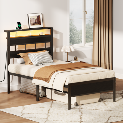 Satifur Twin Size Bed Frame with Storage Headboard and LED Light, Platform Bed with Metal Slats, Noise Free Design