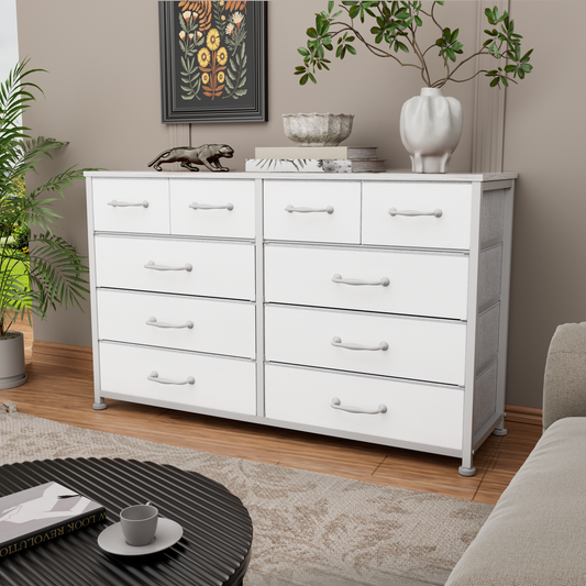 Tydimor Fabric Storage Dresser with 10 Drawers for Bedroom, Modern Wide Chest for Living Room, White