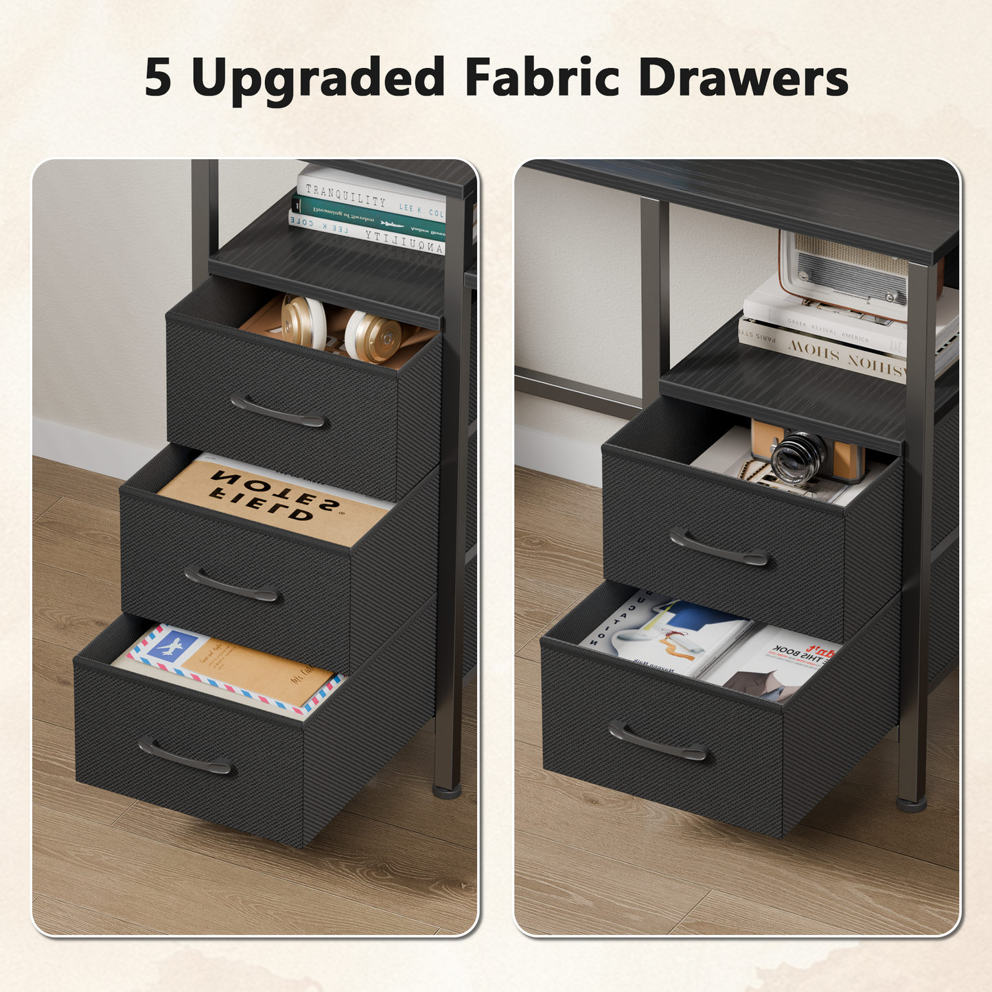 Satifur Gaming Desk with LED Lights & Power Outlets, 47" Computer Desk with 5 Fabric Drawers & Open Storage, Reversible Home Office Desk,Black