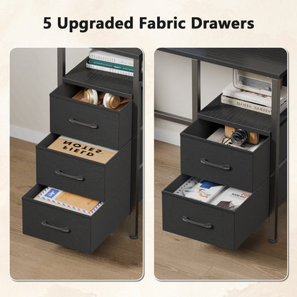 Satifur Gaming Desk with LED Lights & Power Outlets, 55" Computer Desk with 5 Fabric Drawers & Open Storage, Reversible Home Office Desk,Black