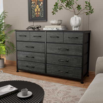 Tydimor Fabric Storage Dresser with 10 Drawers for Bedroom, Modern Wide Chest for Living Room, Black Oak