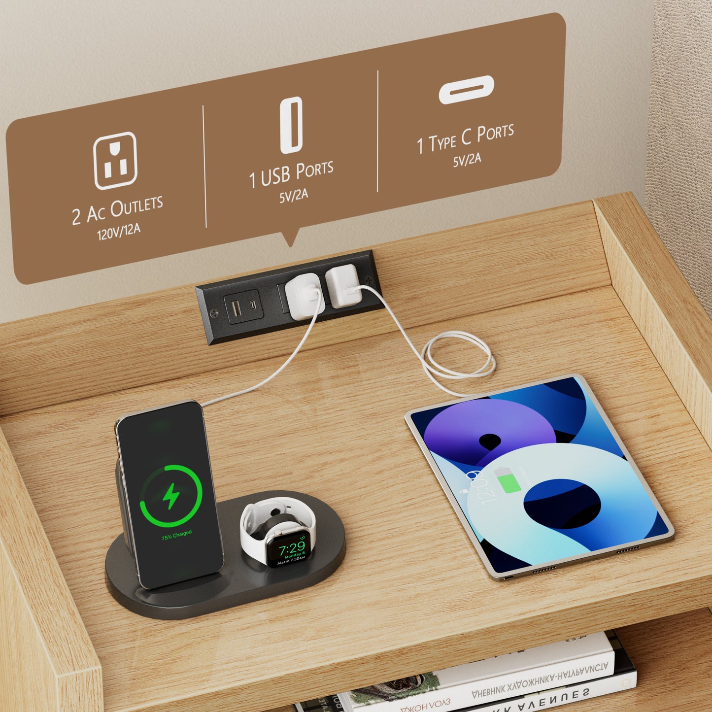 Satifur Set of 2 Fluted Nightstand with Charging Station Storage Drawer, End Table with Open Shelf