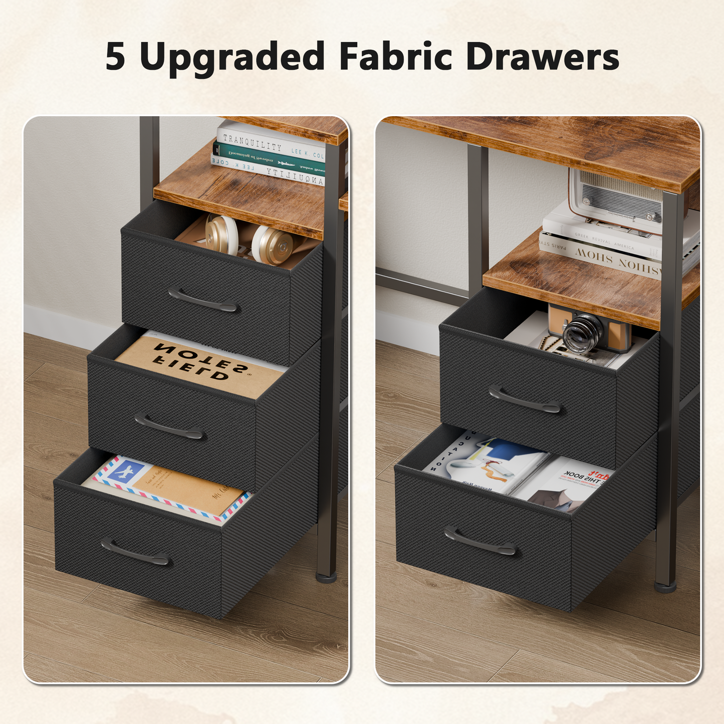 Satifur Gaming Desk with LED Lights & Power Outlets, 61" Computer Desk with 5 Fabric Drawers & Open Storage, Reversible Home Office Desk,Retro Brown