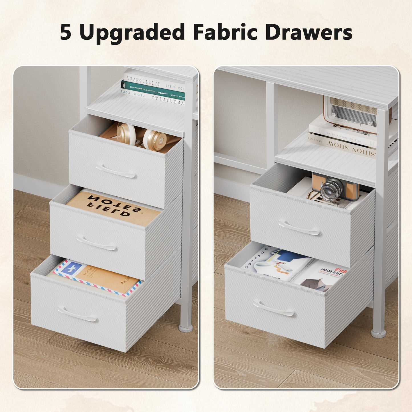 Satifur Gaming Desk with LED Lights & Power Outlets, 55" Computer Desk with 5 Fabric Drawers & Open Storage, Reversible Home Office Desk,White