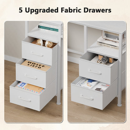 Satifur Gaming Desk with LED Lights & Power Outlets, 55" Computer Desk with 5 Fabric Drawers & Open Storage, Reversible Home Office Desk,White