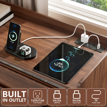 Satifur 6-Drawer Dresser with Charging Station & LED Lights, Modern Wooden Storage Cabinet & Chest of Drawers for Bedroom and Living Room, American Walnut