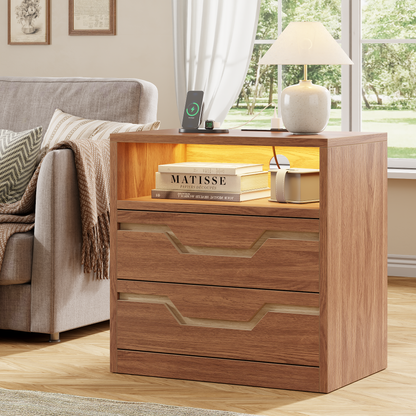 Satifur Charging Nightstand with Power Strip, Bedside Table with 2 Drawers & Open Shelf, Modern End Table with USB & Type-C Ports for Living Room, Cherry Wood