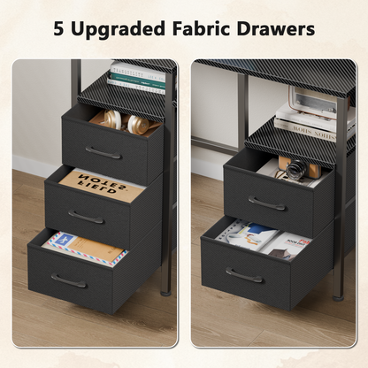 Satifur Gaming Desk with LED Lights & Power Outlets, 47" Computer Desk with 5 Fabric Drawers & Open Storage, Reversible Home Office Desk,Carbon Fiber Black