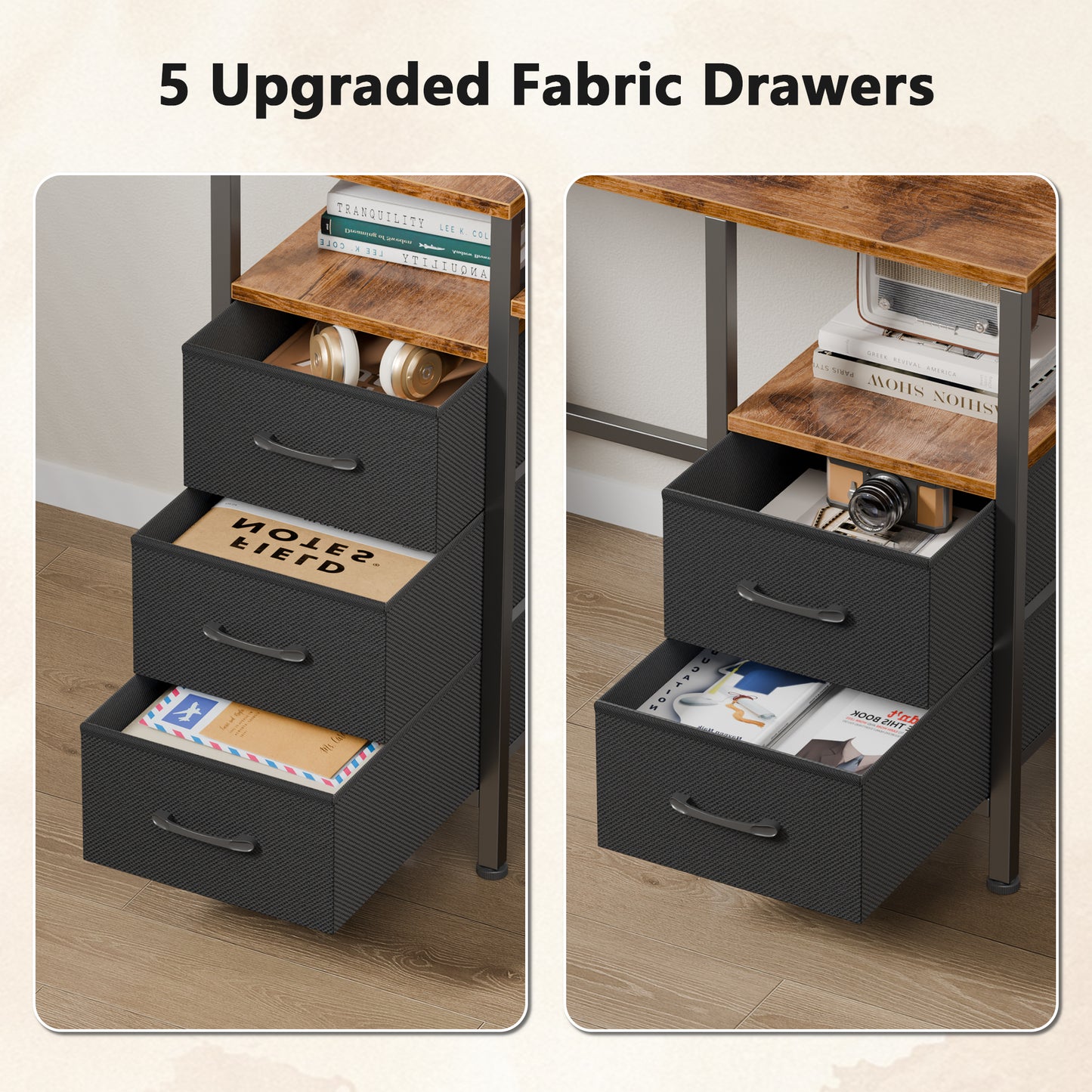 Satifur Gaming Desk with LED Lights & Power Outlets, 55" Computer Desk with 5 Fabric Drawers & Open Storage, Reversible Home Office Desk,retro Brown