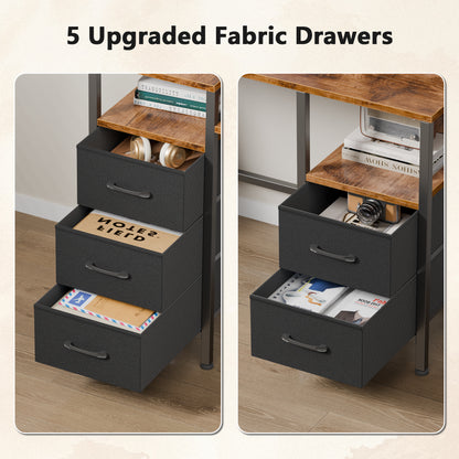 Satifur Gaming Desk with LED Lights & Power Outlets, 55" Computer Desk with 5 Fabric Drawers & Open Storage, Reversible Home Office Desk,retro Brown