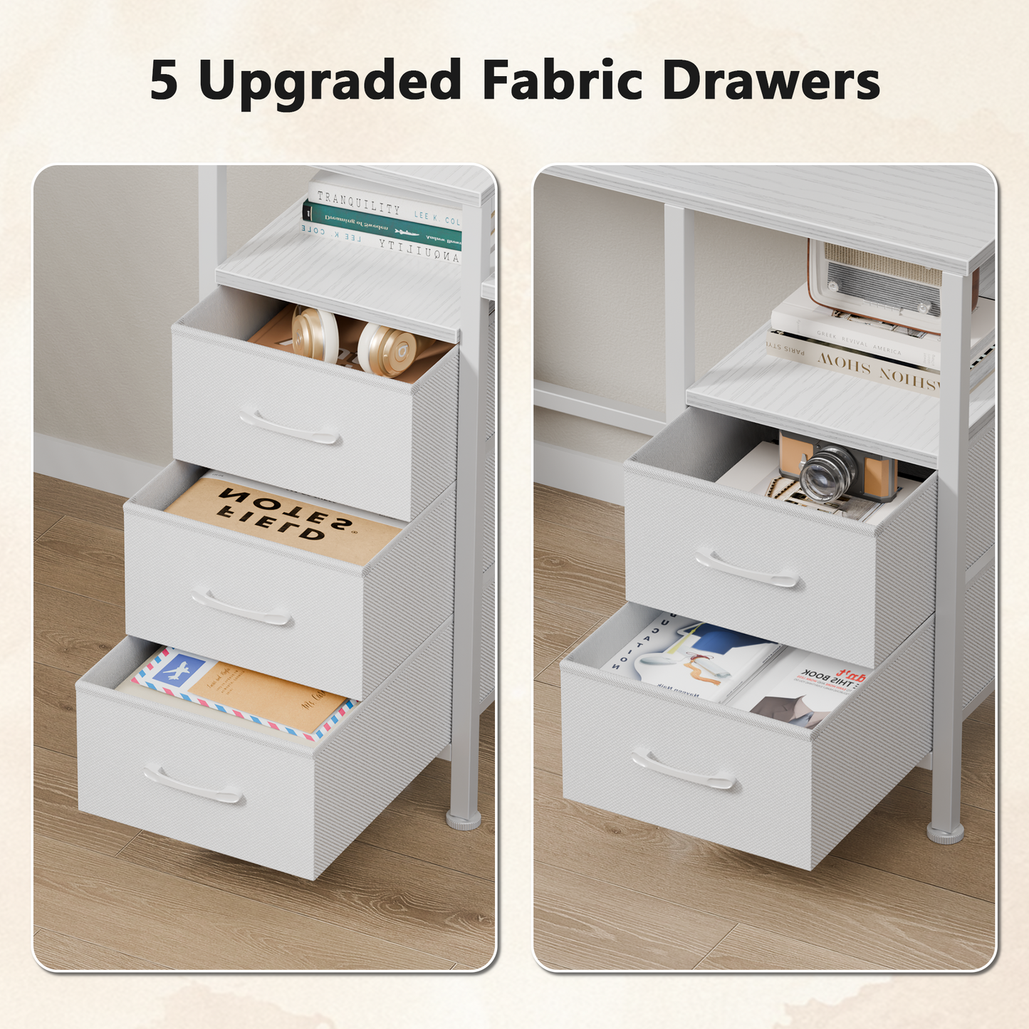 Satifur Gaming Desk with LED Lights & Power Outlets, 47" Computer Desk with 5 Fabric Drawers & Open Storage, Reversible Home Office Desk,White