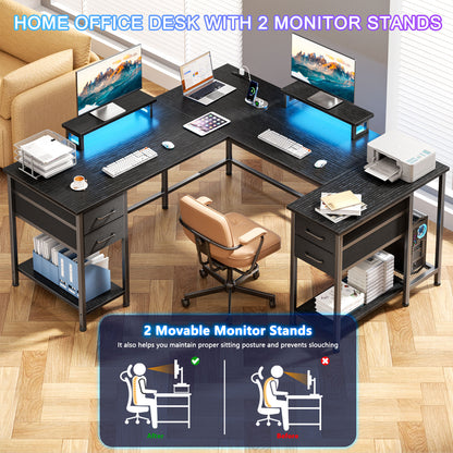 Satifur Computer Desk with Power Outlet & LED Light, Home Office Writting Desk for 2 Person 93" with Drawers & Monitor Stands, Black