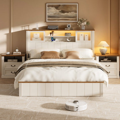 Satifur Metal Platform Bed Frame with Storage Drawers & RGB LED Strip Light, Built‑in Charging Station, No Box Spring Needed, White & Walnut Brown