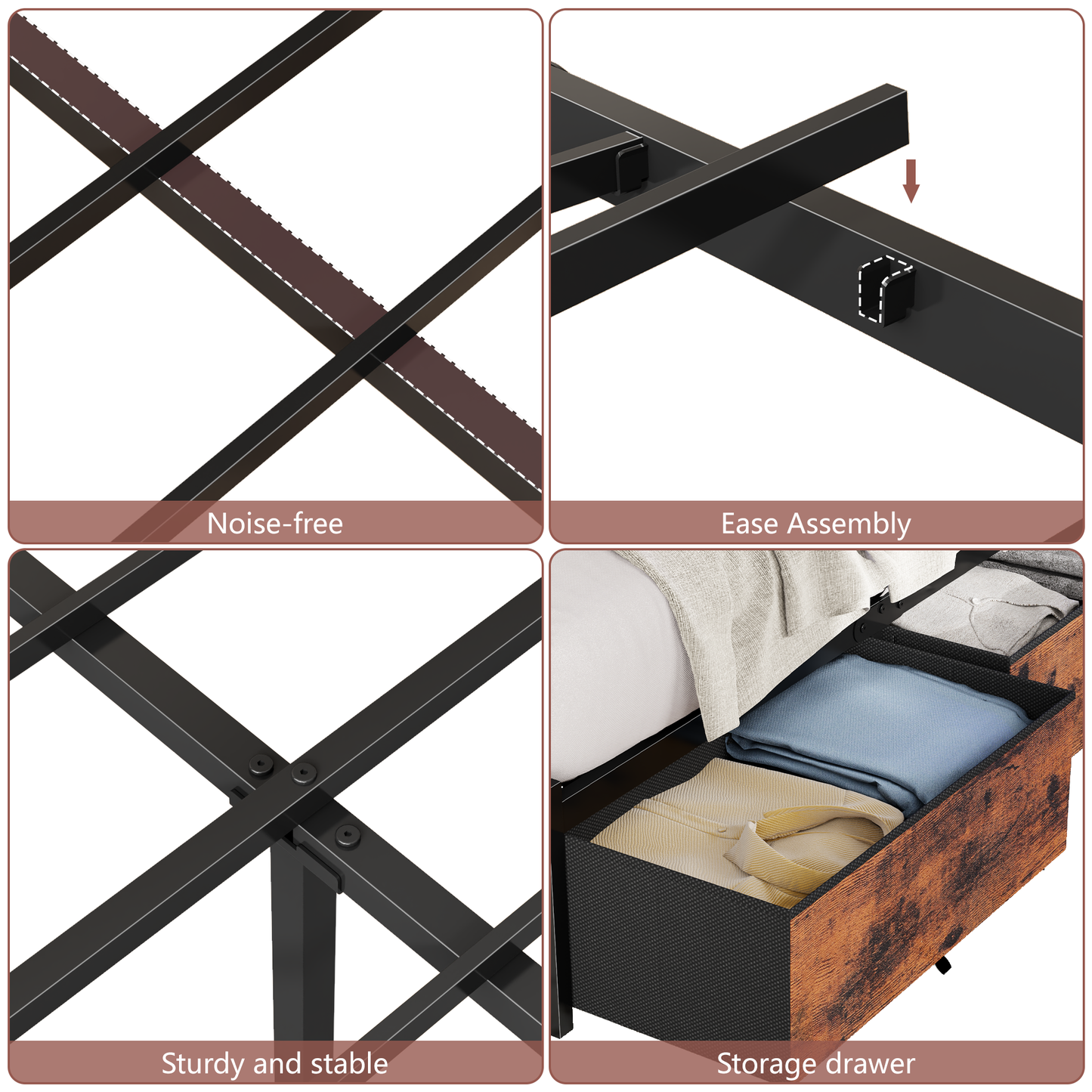 Satifur Full Bed Frame with 6 Storage Drawers, Metal Platform Bed Frame with 2-Tier Storage Headboard & LED, Built in Charging Station, Noise-Free, No Box Spring Needed, Rustic Brown