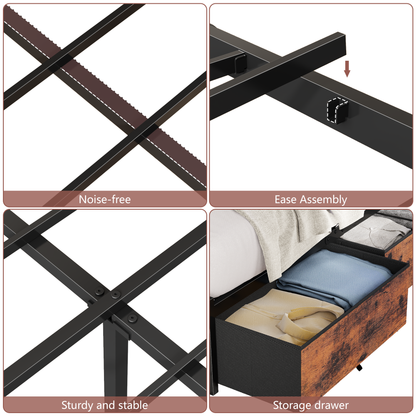 Satifur Full Bed Frame with 6 Storage Drawers, Metal Platform Bed Frame with 2-Tier Storage Headboard & LED, Built in Charging Station, Noise-Free, No Box Spring Needed, Rustic Brown