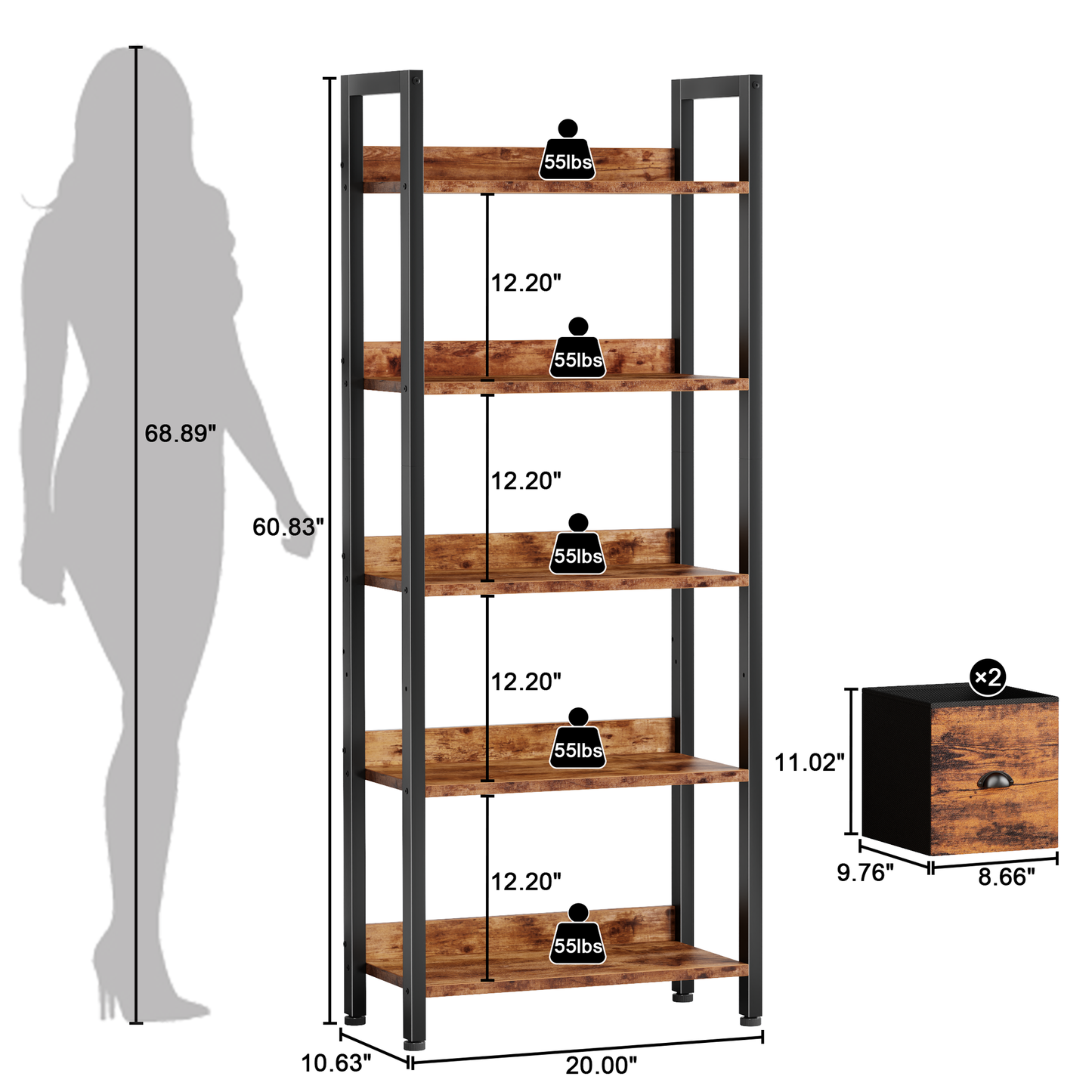 Iezza 5 Tier Rustic Brown Industrial Bookcase, Tall Storage Organizer with Detachable Drawers, Waterproof & Easy Clean Shelving for Bedroom, Kitchen, Entryway
