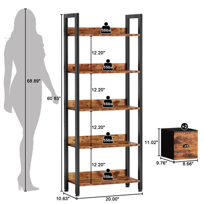 Iezza 5 Tier Rustic Brown Industrial Bookcase, Tall Storage Organizer with Detachable Drawers, Waterproof & Easy Clean Shelving for Bedroom, Kitchen, Entryway