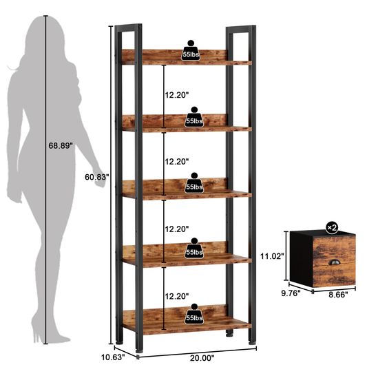 Iezza 5 Tier Rustic Brown Industrial Bookcase, Tall Storage Organizer with Detachable Drawers, Waterproof & Easy Clean Shelving for Bedroom, Kitchen, Entryway