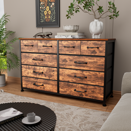 Tydimor Fabric Storage Dresser with 10 Drawers for Bedroom, Modern Wide Chest for Living Room, Rustic Brown