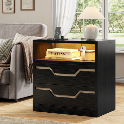 Satifur Charging Nightstand with Power Strip, Bedside Table with 2 Drawers & Open Shelf, Modern End Table with USB & Type-C Ports for Living Room, Black