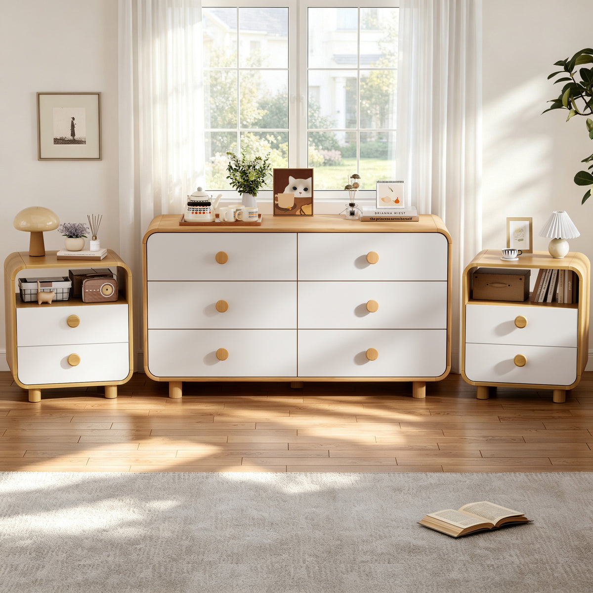 Satifur 6-Drawer Dresser and 2 Pack Nightstand Set, Wide Chest of Drawers Storage Organizer & White Bedside Tables with Open Shelf, Wood Frame Furniture Set for Bedroom, Living Room