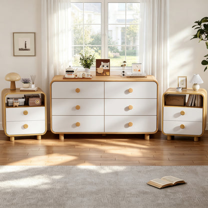 Satifur 6-Drawer Dresser and 2 Pack Nightstand Set, Wide Chest of Drawers Storage Organizer & White Bedside Tables with Open Shelf, Wood Frame Furniture Set for Bedroom, Living Room