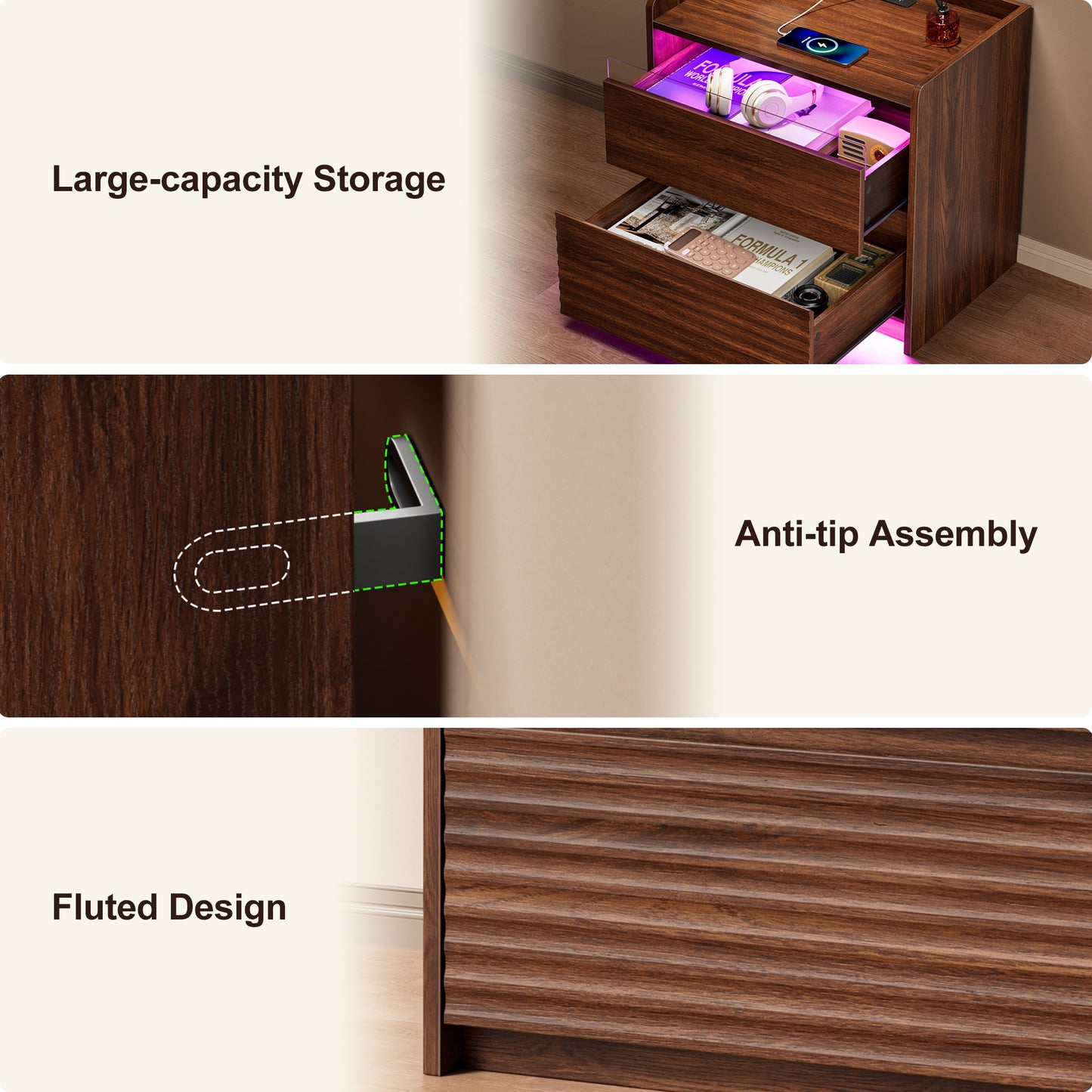 Satifur Nightstand with Charging Station and Smart LED Lights, Modern Fluted Bedside Table with 2 Drawers, End Table for Bedroom and Living Room, American Walnut