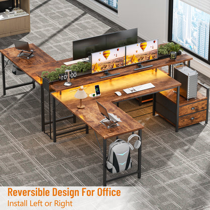 Satifur 66" L-Shaped Gaming Desk with LED Lights & Power Outlets, Computer Desk with Drawers & Printer Stand, Rustic Brown