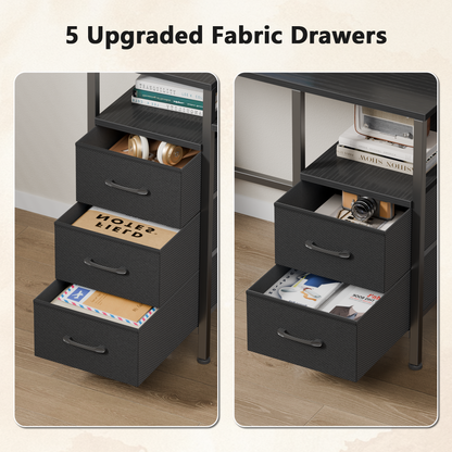 Satifur Gaming Desk with LED Lights & Power Outlets, 66" Computer Desk with 5 Fabric Drawers & Open Storage, Reversible Home Office Desk,Black