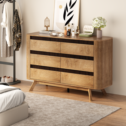 Satifur 6 Drawer Dresser, Wooden Wide Chest of Drawers for Bedroom, Living Room Storage Cabinet and TV Stand up to 45 Inch, Natural Oak