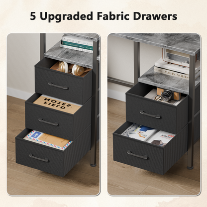 Satifur Gaming Desk with LED Lights & Power Outlets, 47" Computer Desk with 5 Fabric Drawers & Open Storage, Reversible Home Office Desk,Grey