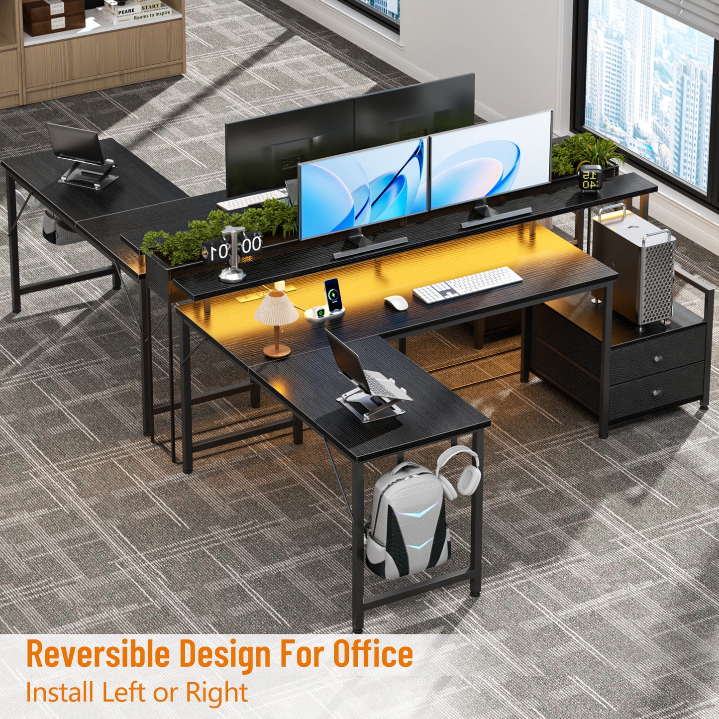 Satifur 66" L-Shaped Gaming Desk with LED Lights & Power Outlets, Computer Desk with Drawers & Printer Stand, Black