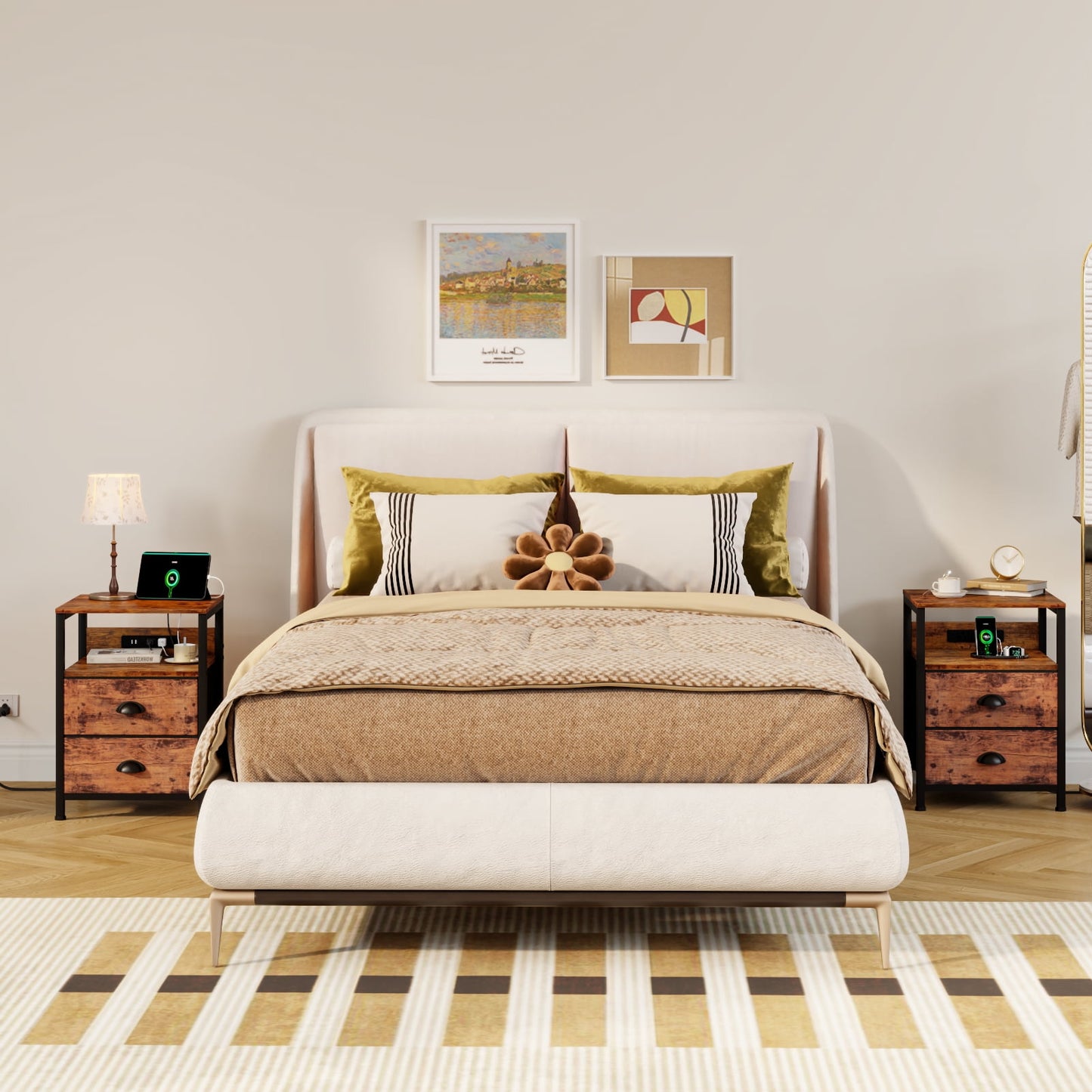 Satifur Night Stand Set of 2 with Charging Station,LED Nightstand with Fabric Drawers Bed Side Table,Rustic Brown