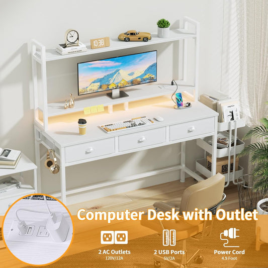 Furologee White Gaming Desk with Power Outlet and LED Light, Computer Desk with 3 Fabric Drawers, Home Office Desk with Monitor Stand and Hutch for Small Space Working, Study Table with Shelf