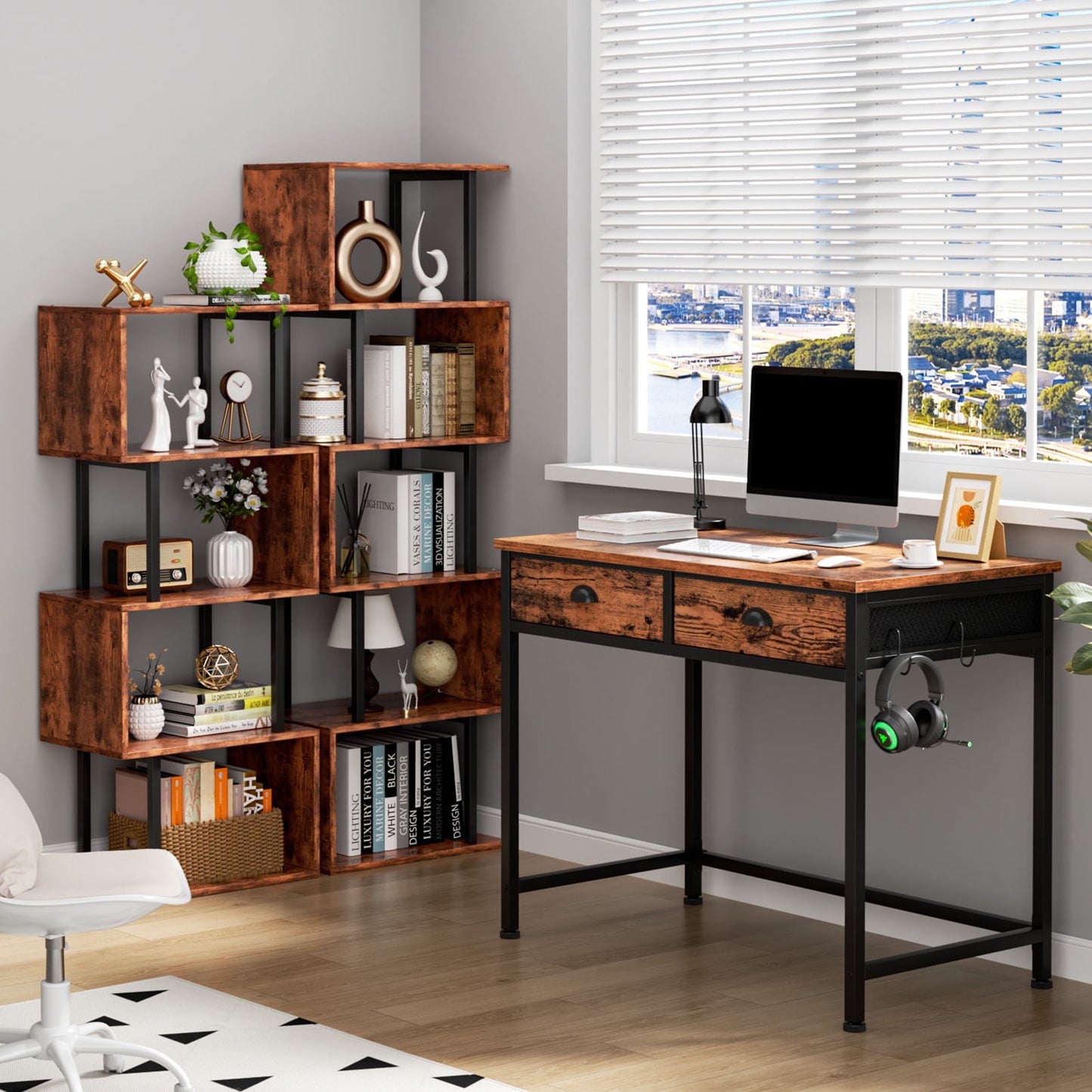 Hexmn Gaming Desk with Fabric Drawers & Hooks for Bedroom Home Office,Rustic Brown