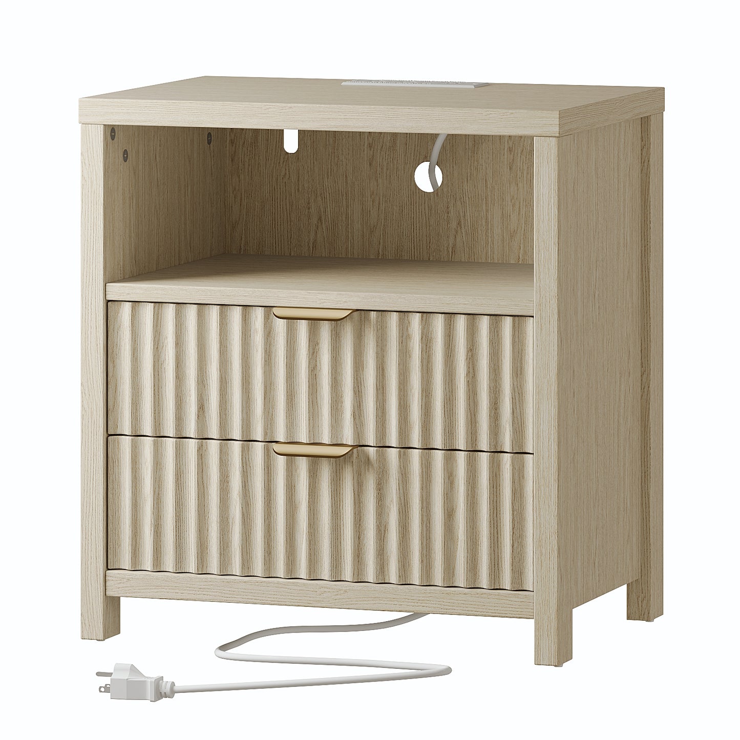 Satifur Modern Fluted Nightstand with Charging Station & 2 Storage Drawer for Bedroom,Light Oak Grain
