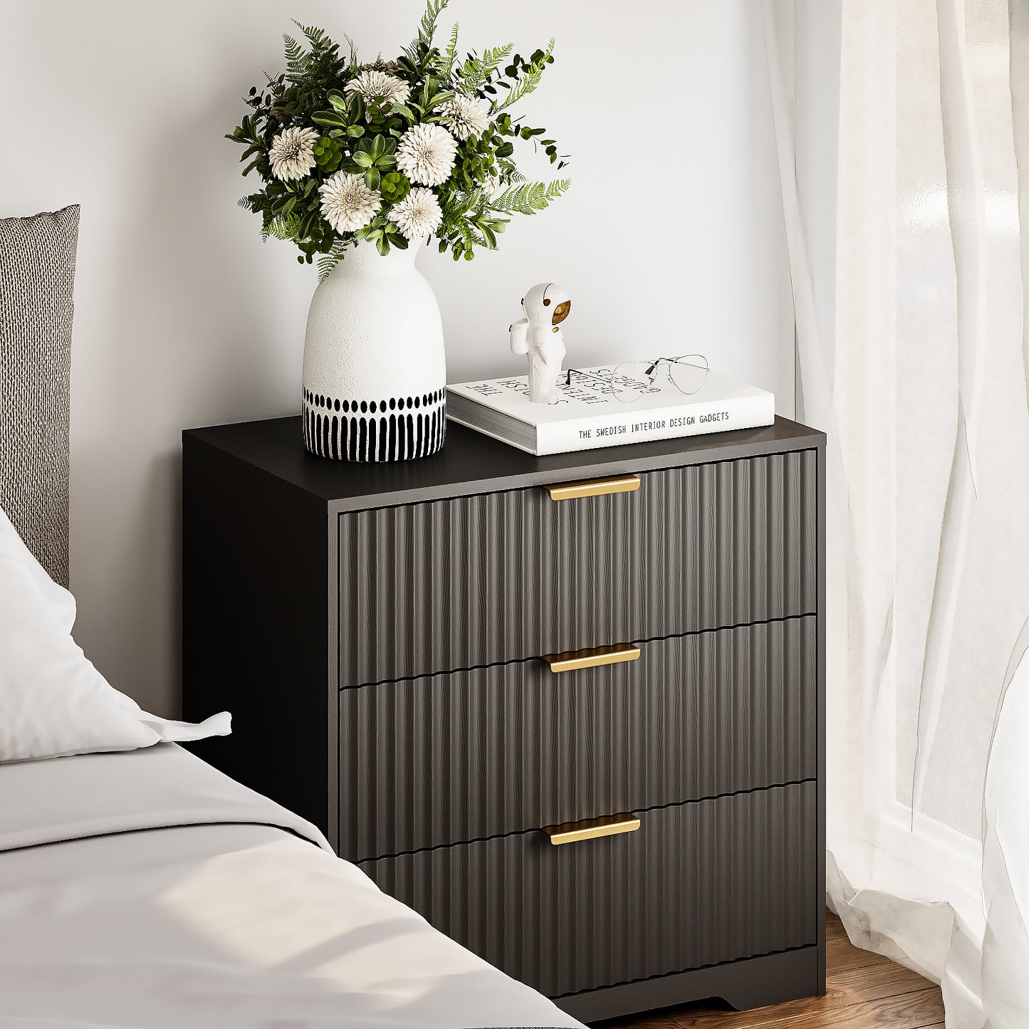 Tydimor Modern Nightstand with 3 Wooden Drawers, Bedside Table for Living Room, Black,Set of two