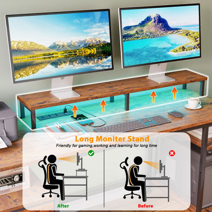 Furologee Computer Desk with Outlet & USB Ports, Gaming Desk with LED, Reversible Desk with File Cabinet & Drawer, Large Desk Writing Table with Monitor Stand for Home Office, Rustic Brown