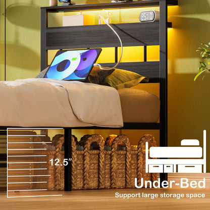 Satifur Twin Size Bed Frame with Upholstered Storage Headboard and LED Light, Platform Bed with Metal Slats, Noise Free Design